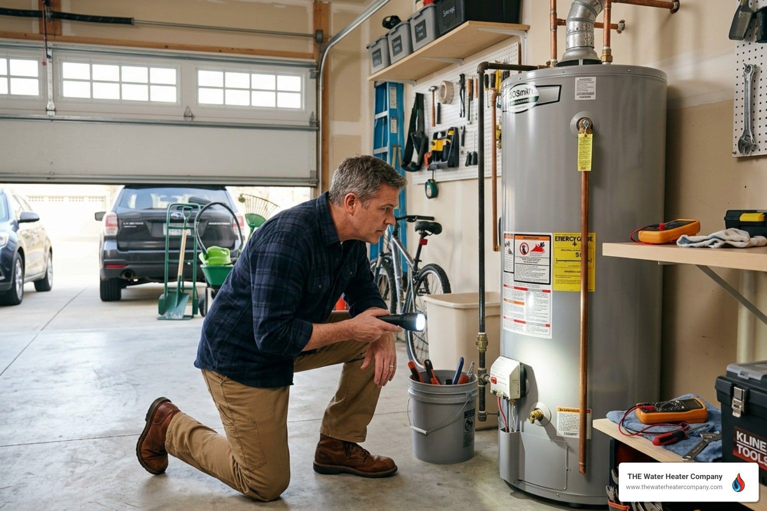 homeowner inspecting water heater in a garage - signs your water heater needs repair or replacement