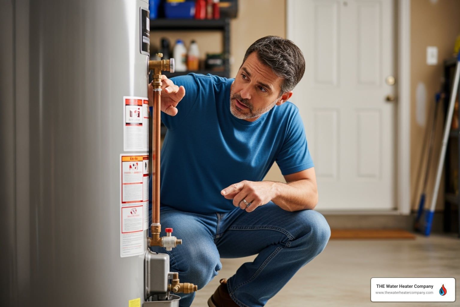 homeowner inspecting older water heater in garage