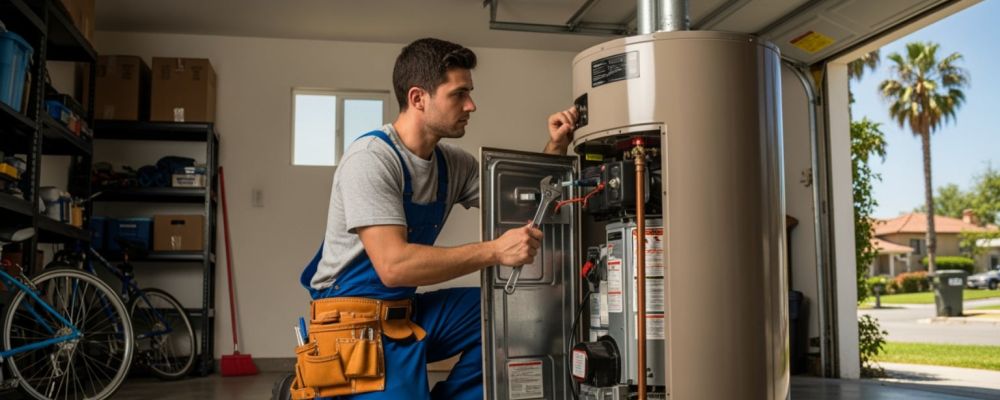 technician inspecting the drain valve and base of a water heater with a flashlight technician inspecting the drain valve and base of a water heater with a flashlight